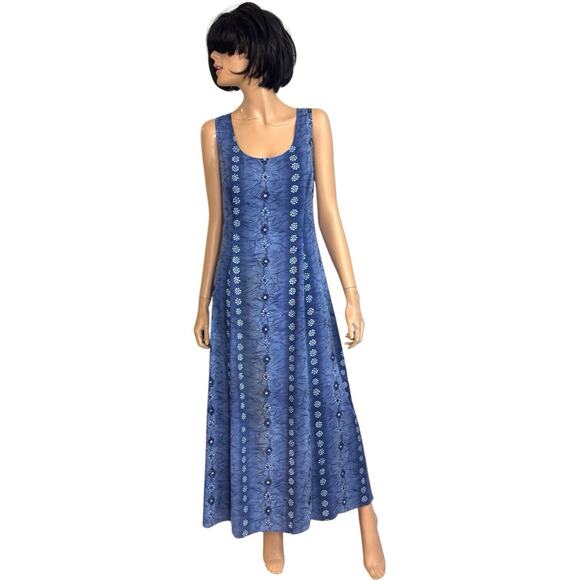 Vintage Jaclyn Smith Maxi Dress 14 Blue Batik Floral Festival Flowy Fairy Grunge - Picture 1 of 14